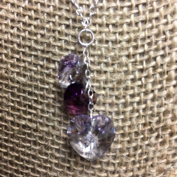 Triple Purple Heart Necklace Translucent Faceted Silver Chain Soft Girl Retro - Picture 2 of 6